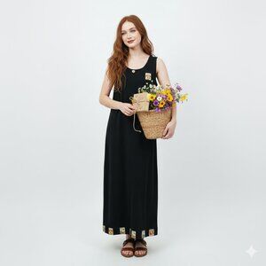 Black Flower Seed Packet Sleeveless Maxi Dress Size XL Cottage Fairy‎ Grunge 90s